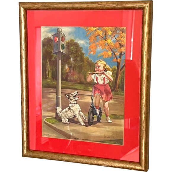 Vtg MCM Adelaide Hiebel Print "Cop on the Corner" with Gold Frame & Orange Mat - Picture 2 of 13